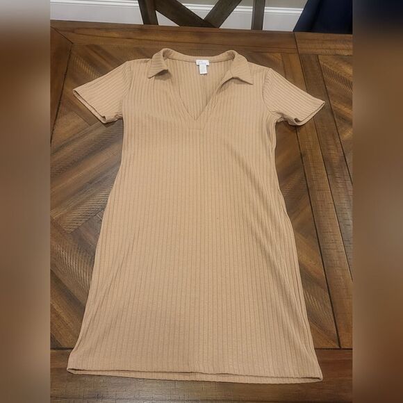 Ribbed Tan Collared Tee-Shirt Dress Large V-Neck - Picture 1 of 6